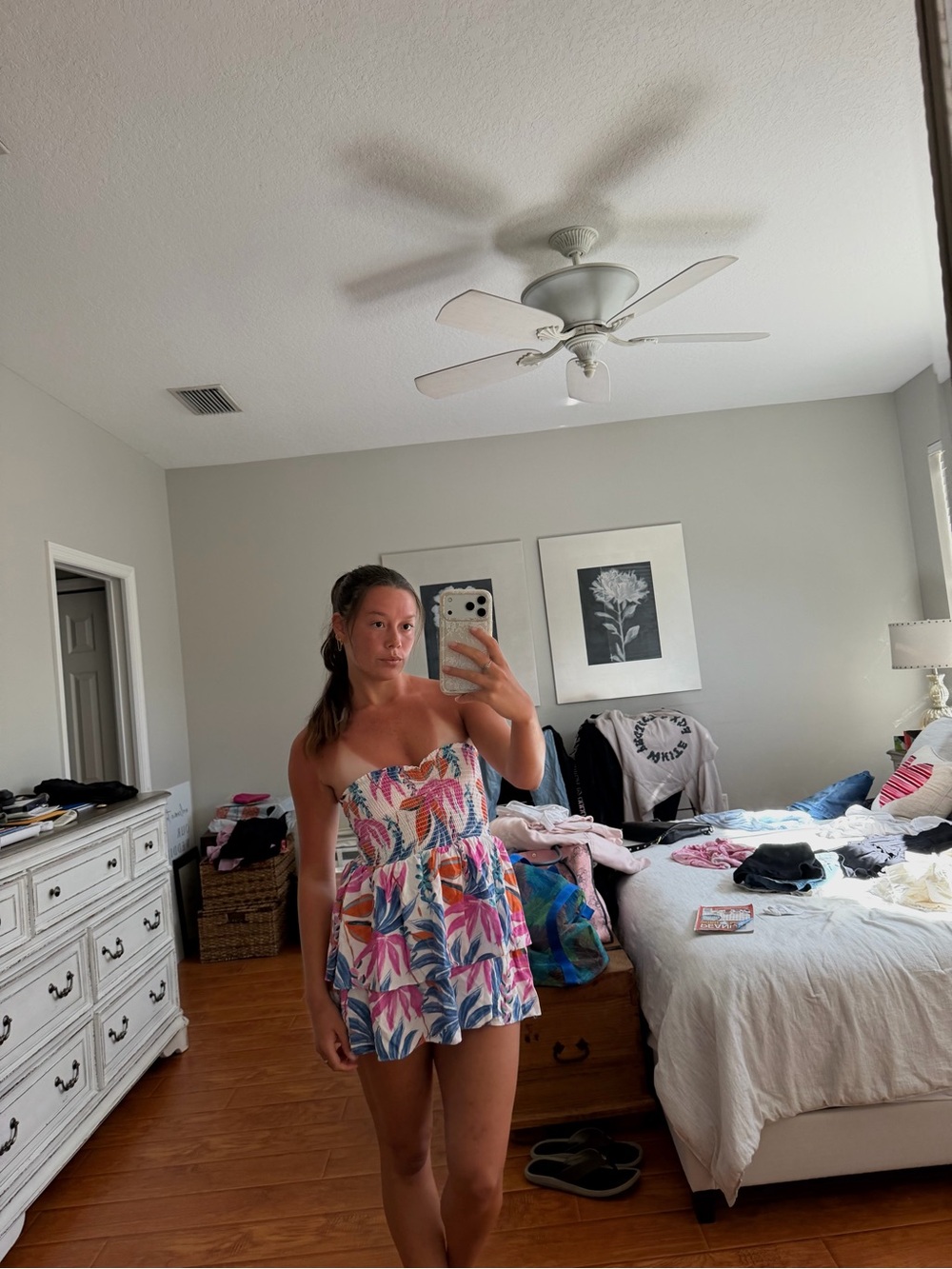 Strapless Tropical Print Sundress in Multi